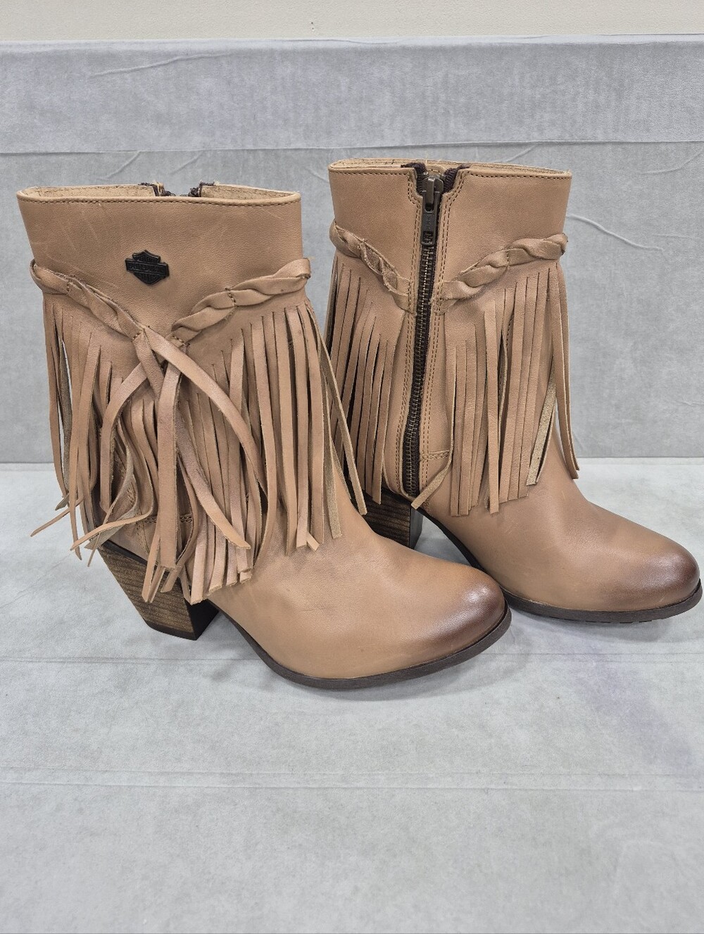 Harley Davidson Retta boots women's 8M Tan leather fringed moto bikercore heels